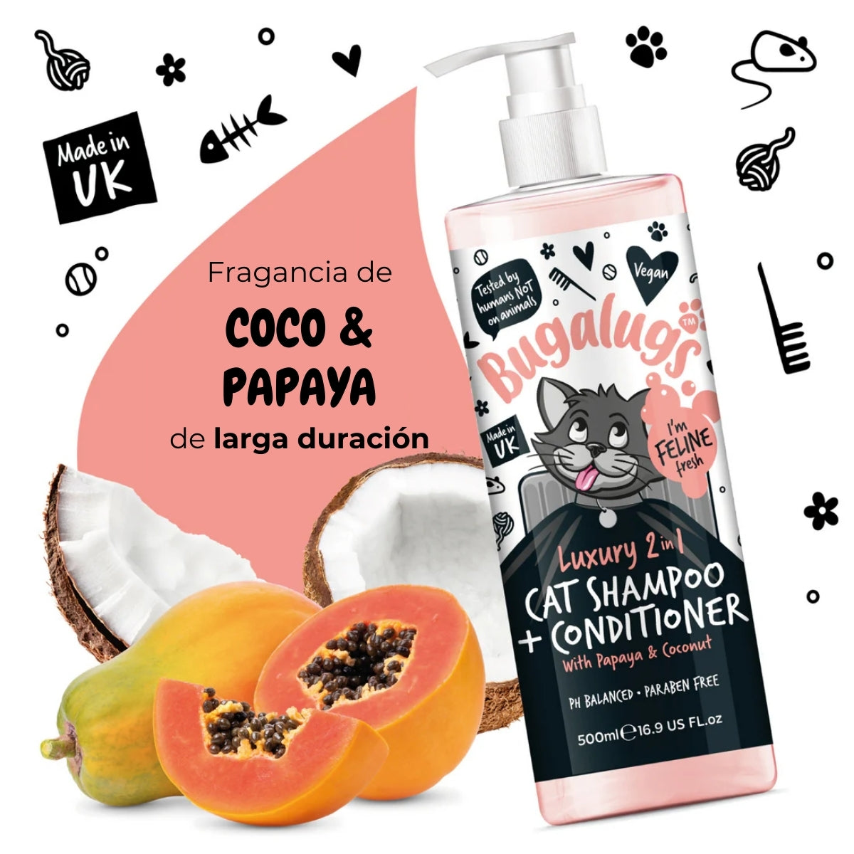 Shampoo Mascotas Suave Para Gatos Papaya Coco Bugalugs