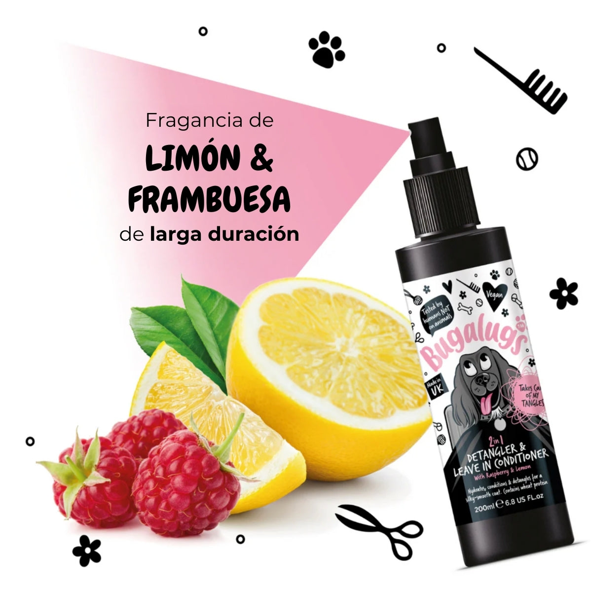 Spray Desenredante Acondicionador Mascotas Frambuesa Limón Bugalugs